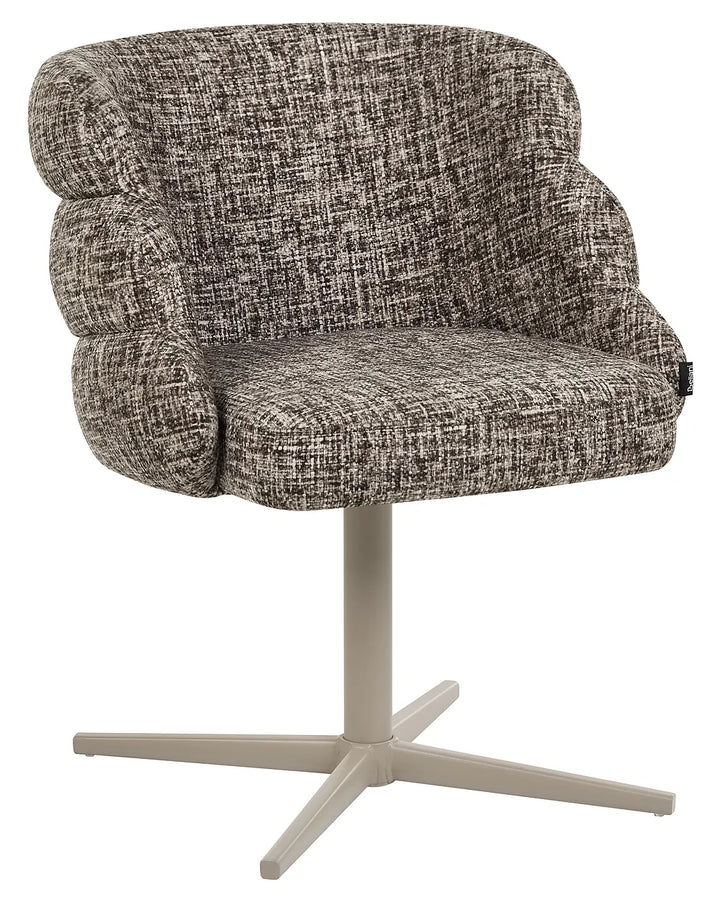 A modern swivel accent chair with a textured gray and beige boucle fabric upholstery and a light gray four-star base, shown against a plain white background.