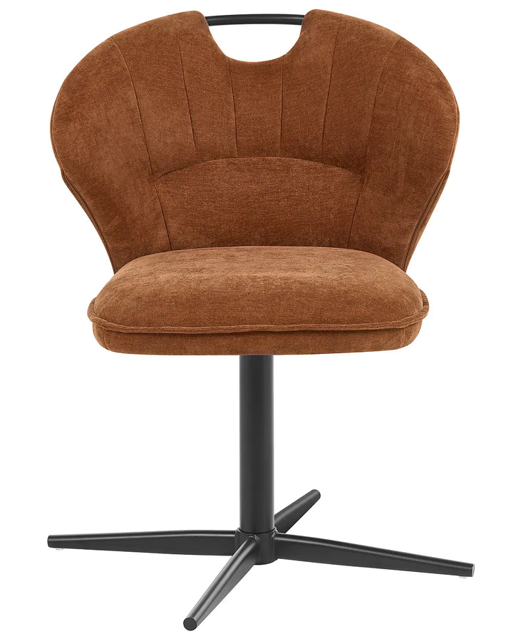 A modern swivel chair with a warm brown velvet upholstered seat and curved backrest, supported by a black metal swivel base.