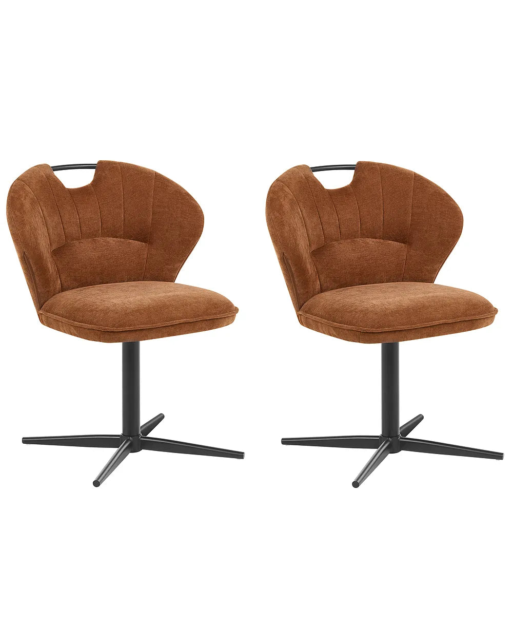 Two matching swivel dining chairs upholstered in a warm brown velvet-like fabric, featuring curved backs with integrated black metal headrest bars and black starburst pedestal bases, shown against a plain white background.