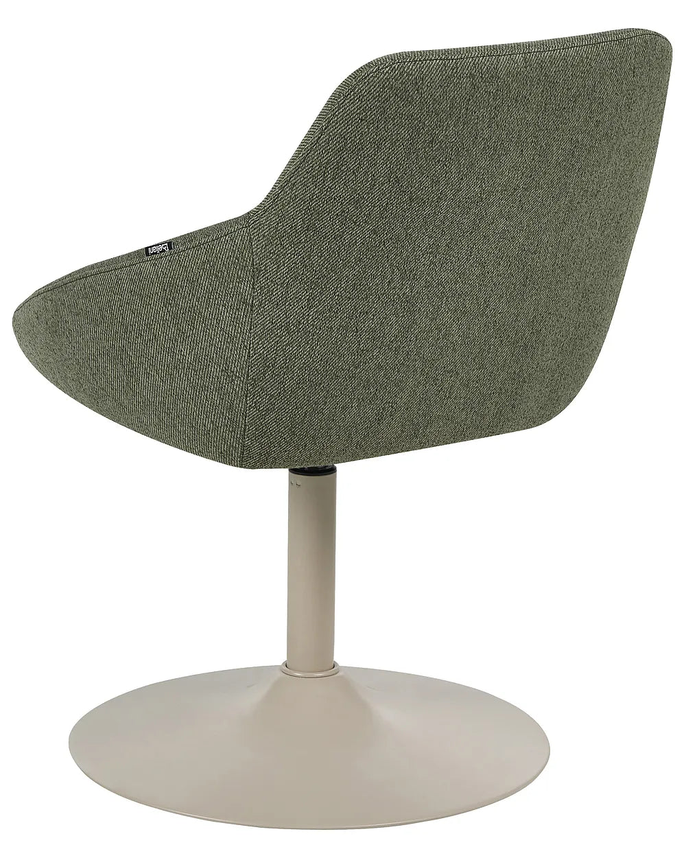 An upholstered swivel chair with a curved seat and back in textured sage green fabric, supported by a beige pedestal base with a round flared foot, shown on a white background.