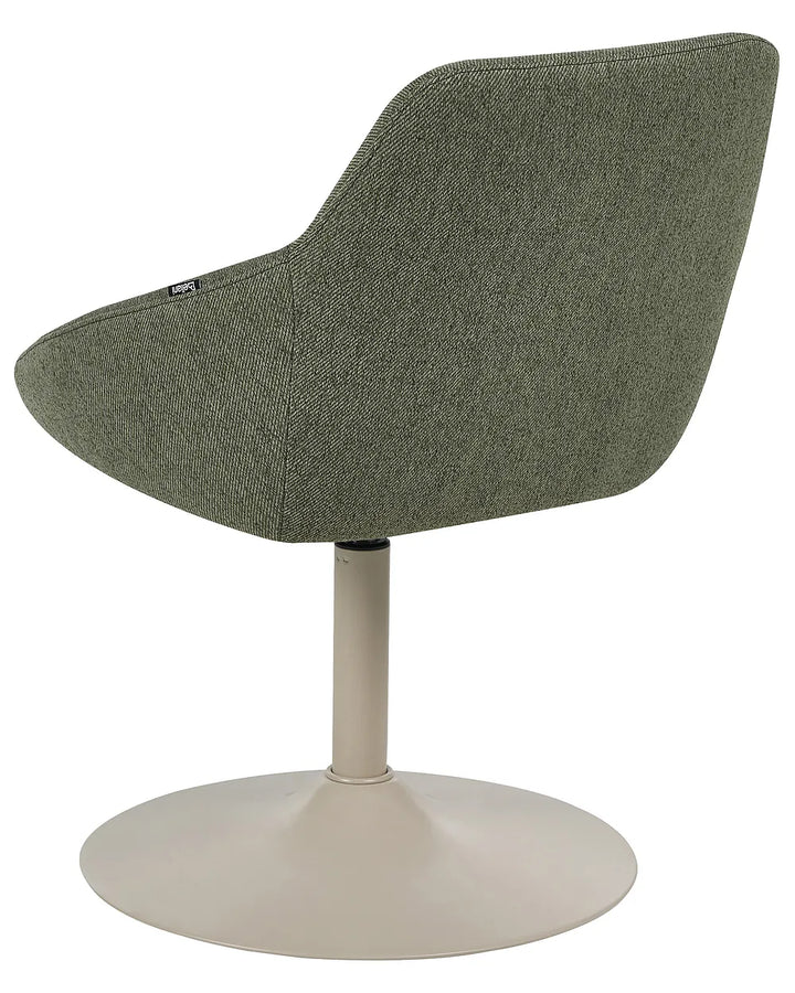 An upholstered swivel chair with a curved seat and back in textured sage green fabric, supported by a beige pedestal base with a round flared foot, shown on a white background.