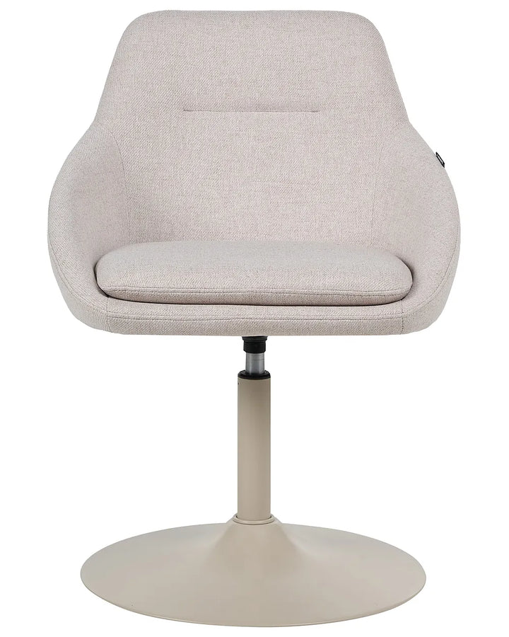 A modern swivel chair with a light beige textured fabric upholstered seat and curved backrest, supported by a matching beige pedestal base on a white background.