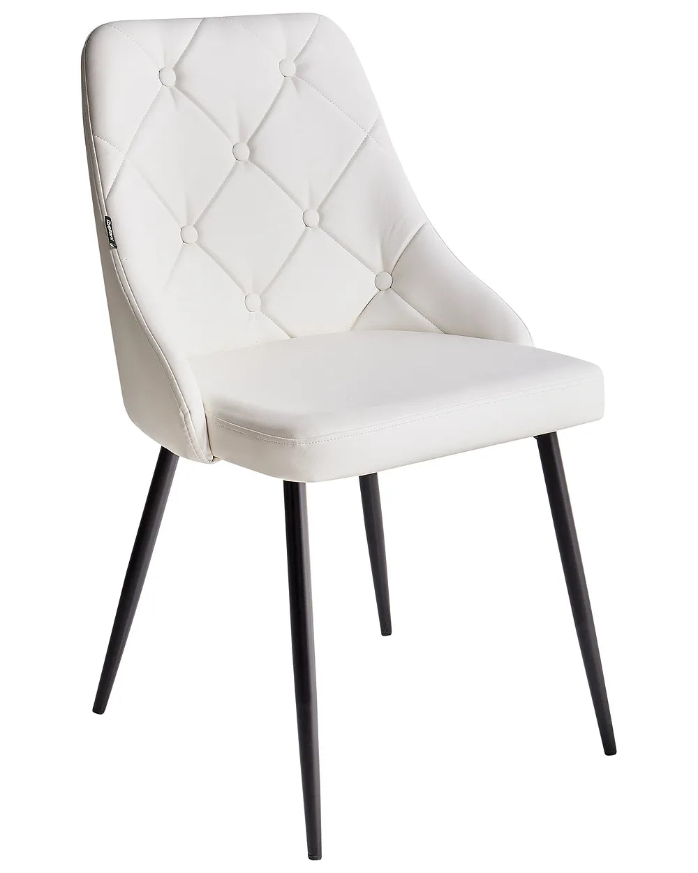 An upholstered dining chair with a white tufted backrest, a padded seat, and slim black metal legs, shown on a plain white background.