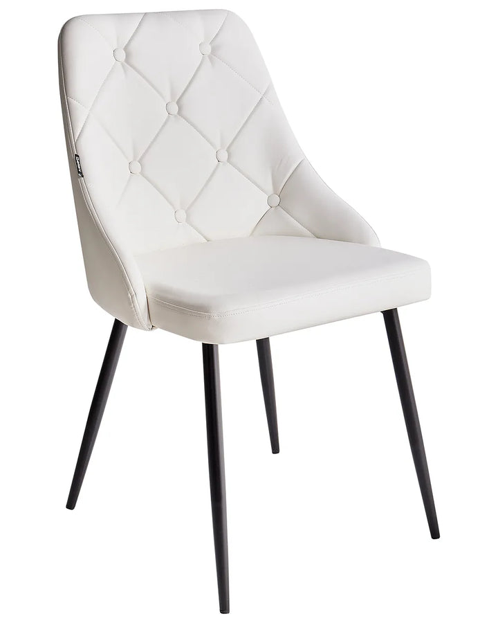 An upholstered dining chair with a white tufted backrest, a padded seat, and slim black metal legs, shown on a plain white background.