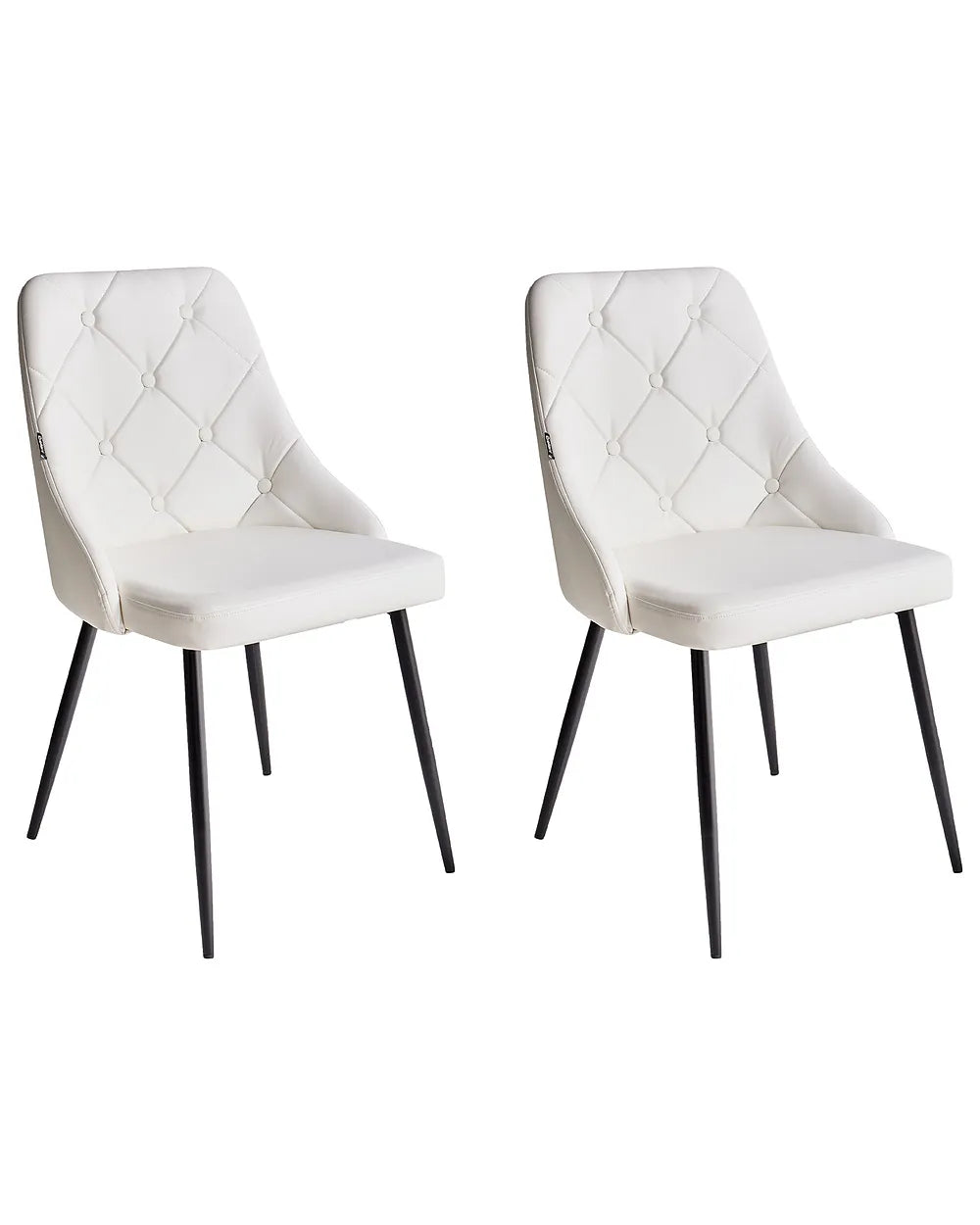 Two white upholstered chairs with black legs on a white background
