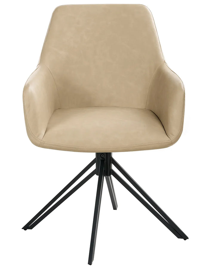 A modern swivel dining chair upholstered in beige faux leather with a black metal four-star base, shown against a plain white background.