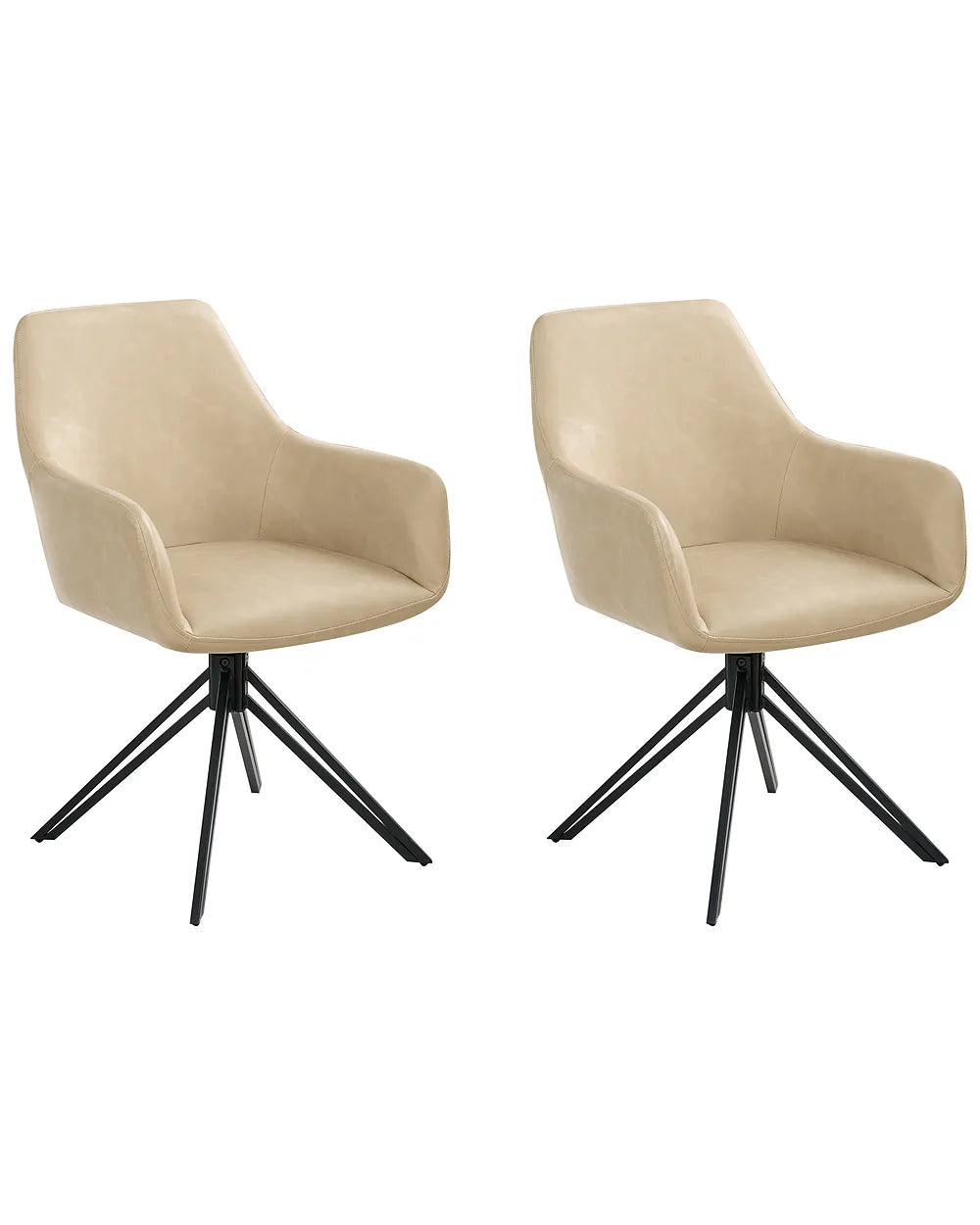 Two beige armchairs with black metal legs on a white background