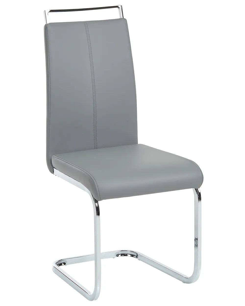 A modern gray upholstered dining chair with a curved chrome cantilever base and a top metal handlebar on the backrest, shown against a plain white background.