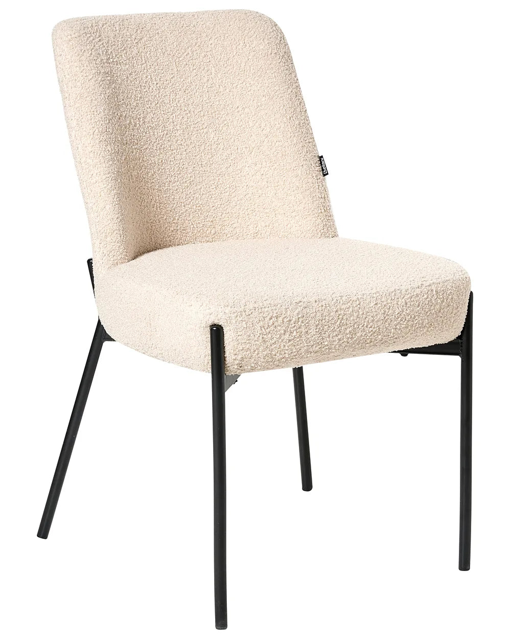 A modern dining chair with a textured cream bouclé upholstered seat and backrest, supported by slim black metal legs, shown against a plain white background.