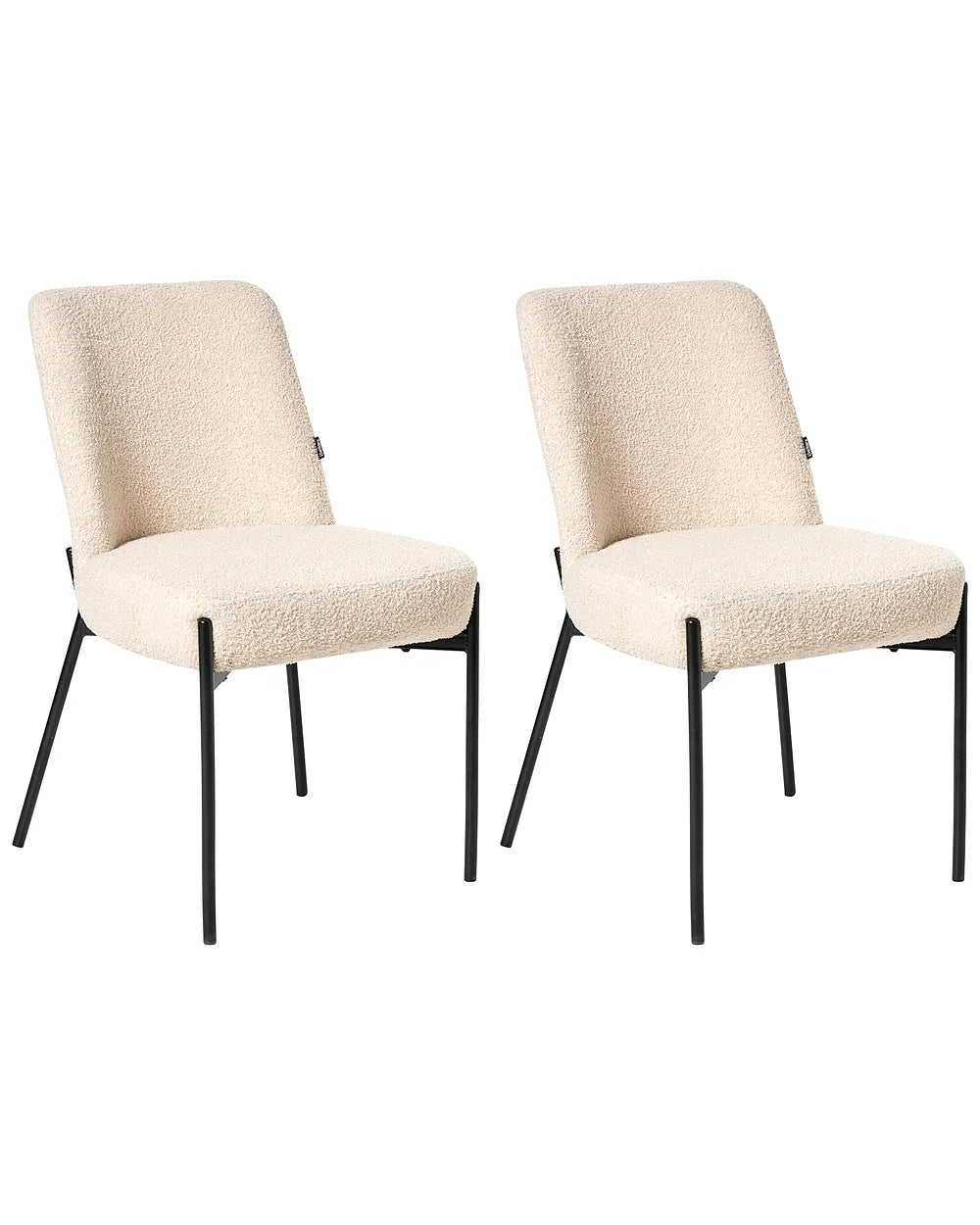Two matching dining chairs with textured cream boucle upholstery and slim black metal legs, shown side by side on a plain white background.