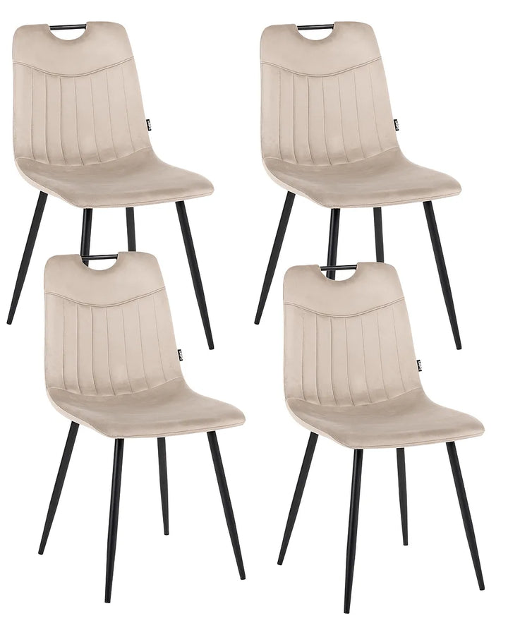 Four dining chairs with beige upholstered seats and backs and black metal legs, arranged in a 2x2 grid on a white background.