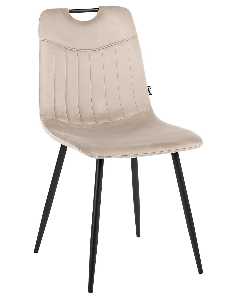 A modern dining chair with a beige upholstered seat and backrest featuring vertical channel tufting, supported by four slim black metal legs, shown against a plain white background.