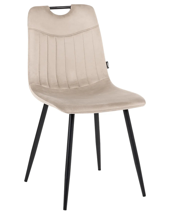 A modern dining chair with a beige upholstered seat and backrest featuring vertical channel tufting, supported by four slim black metal legs, shown against a plain white background.