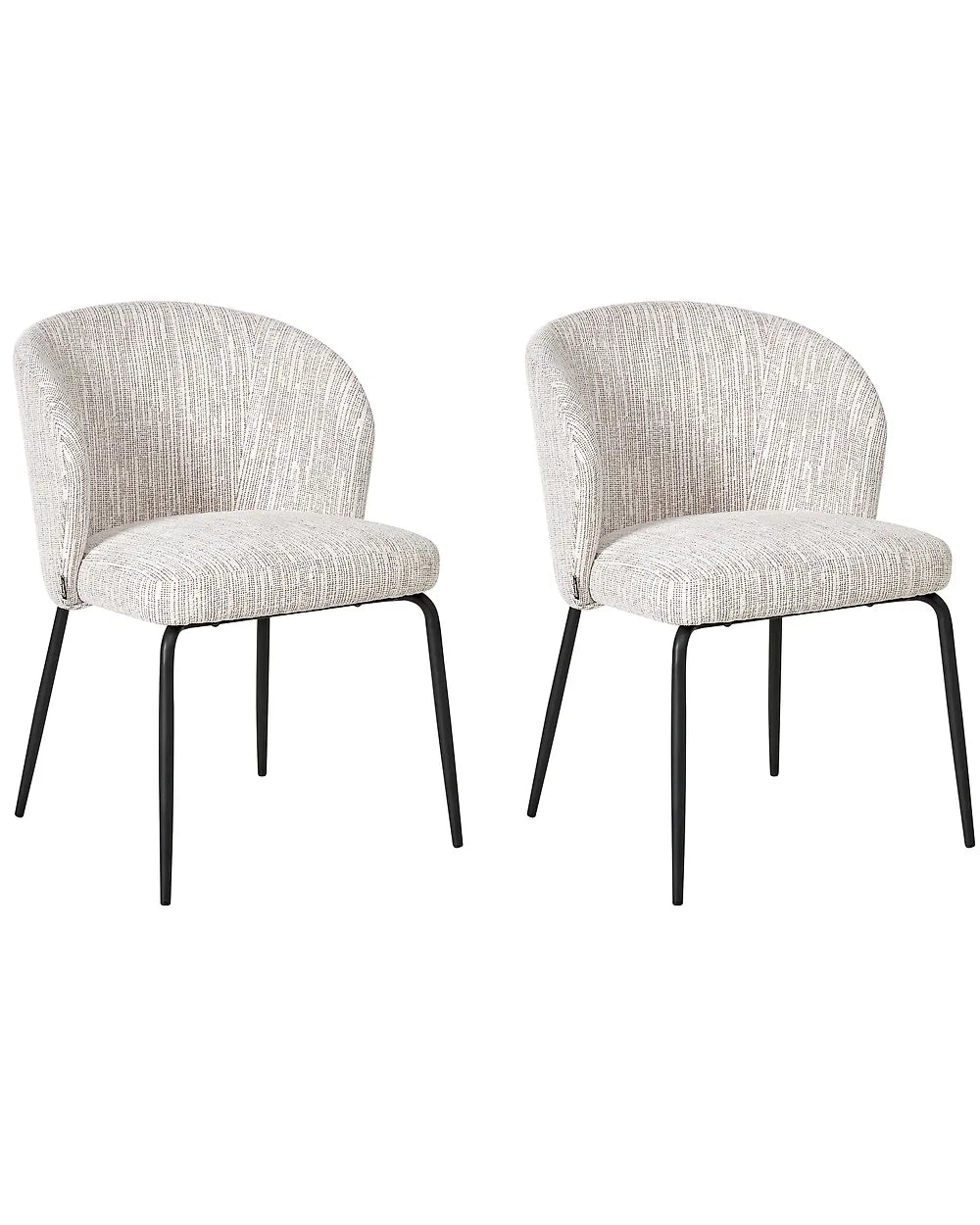 Two matching upholstered dining chairs with curved backs, textured light beige fabric seats, and slim black metal legs, shown on a plain white background.