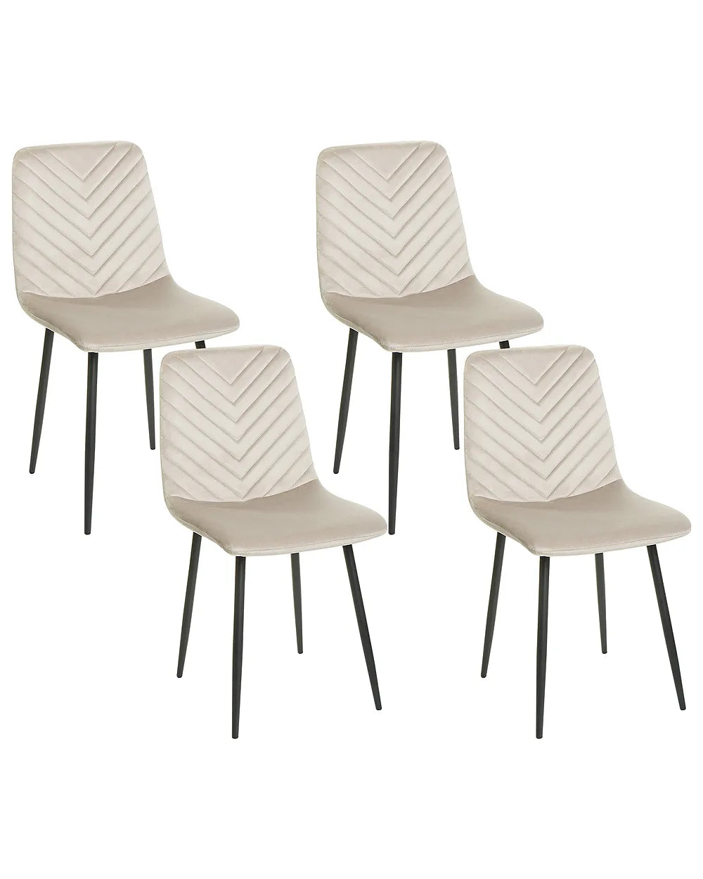 Four dining chairs with beige chevron-patterned upholstered seats and backs on slim black metal legs, shown on a plain white background.