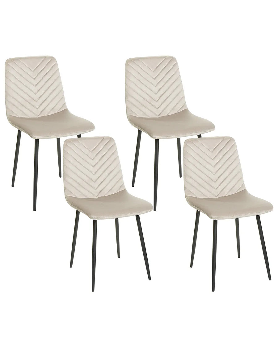 Four dining chairs with beige chevron-patterned upholstered seats and backs on slim black metal legs, shown on a plain white background.