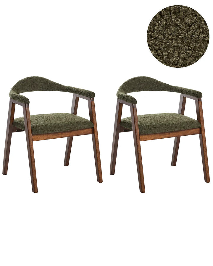 Pair of brown wood chairs with green seating