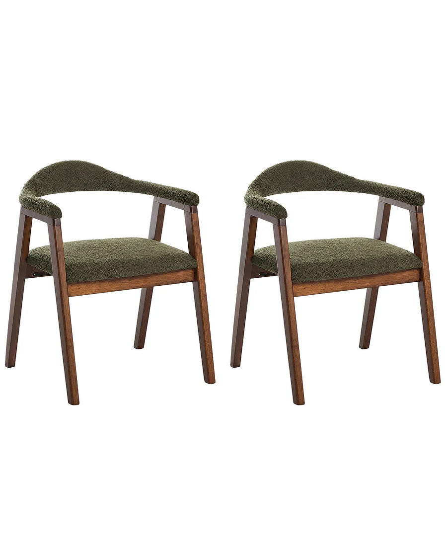 Set of 2 brown and green wooden dining chairs
