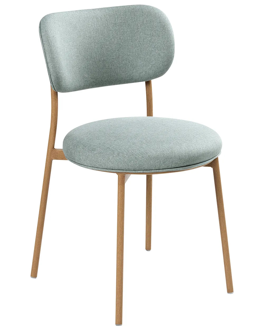 An upholstered dining chair with a light sage green fabric seat and backrest, supported by a natural wood frame and four tapered legs, shown against a plain white background.