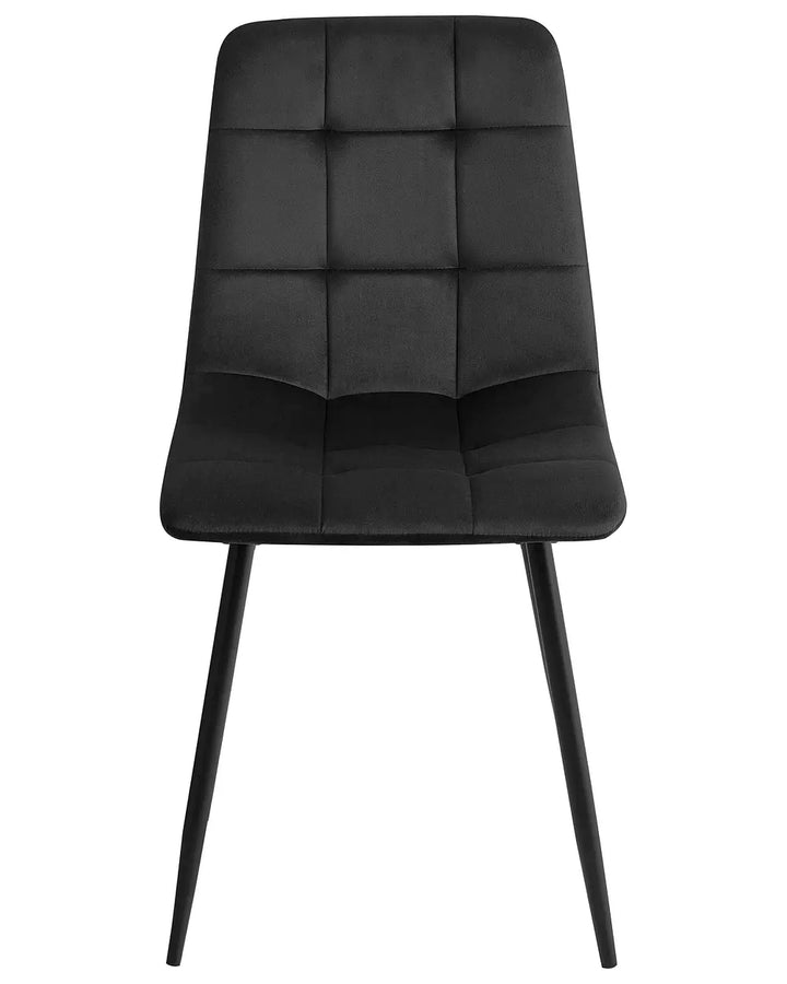 A modern black upholstered dining chair with a high, vertically channeled backrest and tapered metal legs, shown against a plain white background.