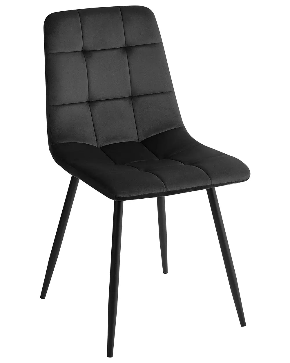 A modern black dining chair with a tufted padded backrest and seat, supported by four slim tapered legs, shown against a plain white background.