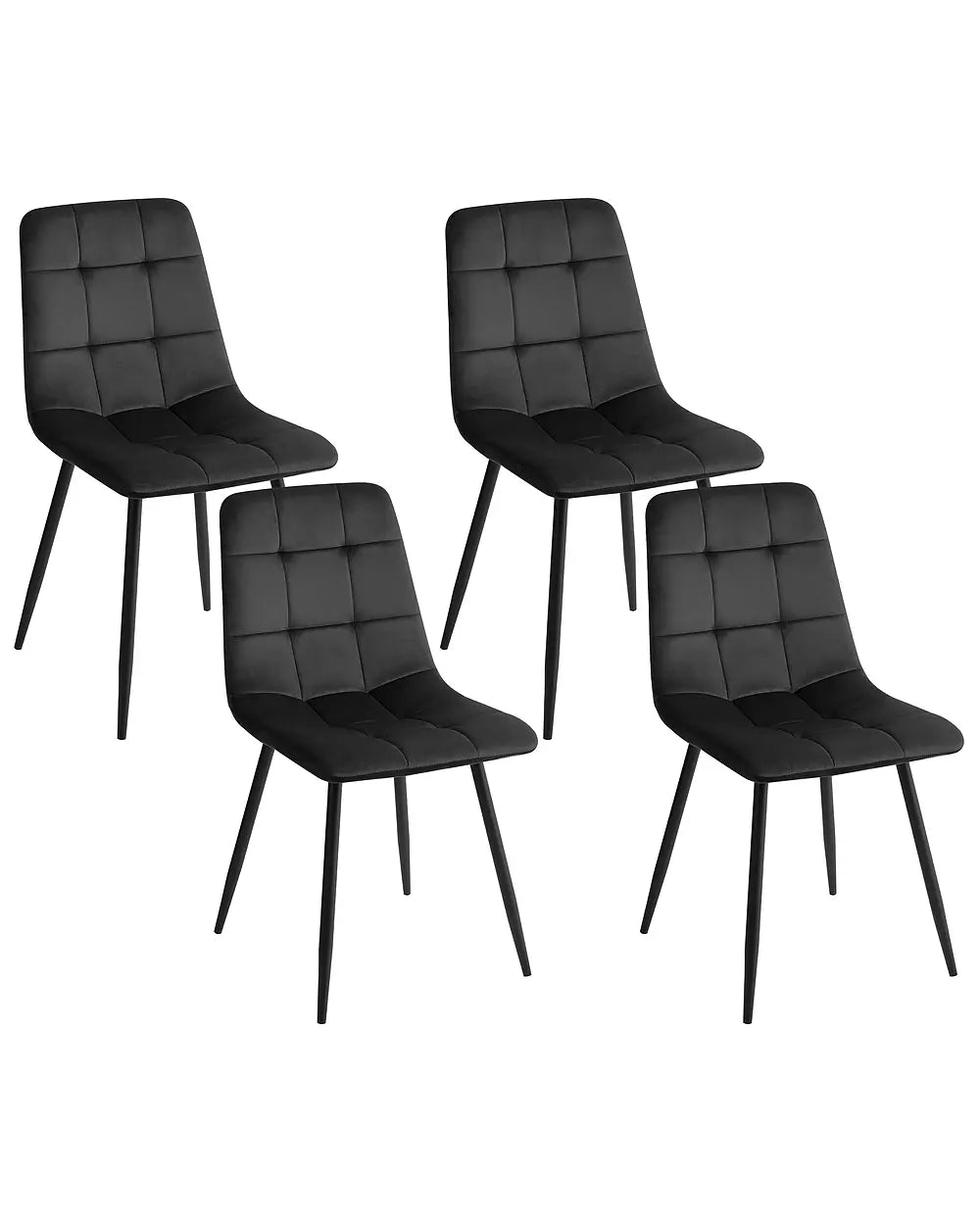 Four black dining chairs with tufted square backs and seats on slim tapered legs, shown on a plain white background.