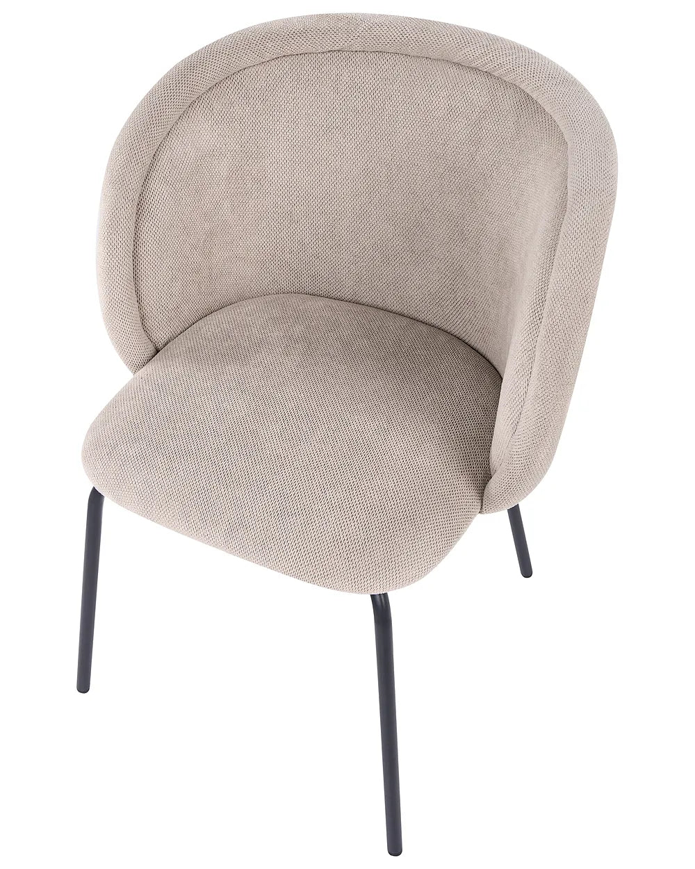 A modern upholstered accent chair with a curved backrest and seat, upholstered in a textured light beige fabric, supported by slim black metal legs, shown on a plain white background.