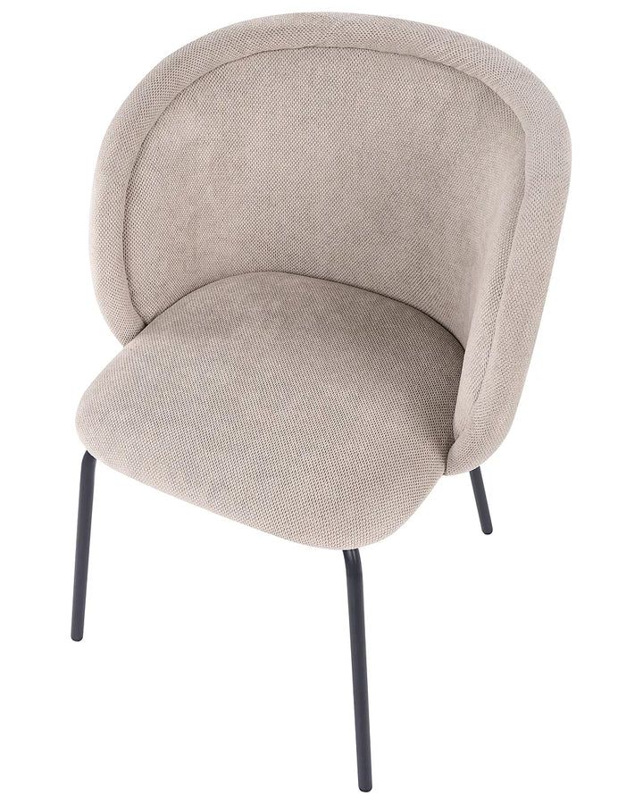 A modern upholstered accent chair with a curved backrest and seat, upholstered in a textured light beige fabric, supported by slim black metal legs, shown on a plain white background.