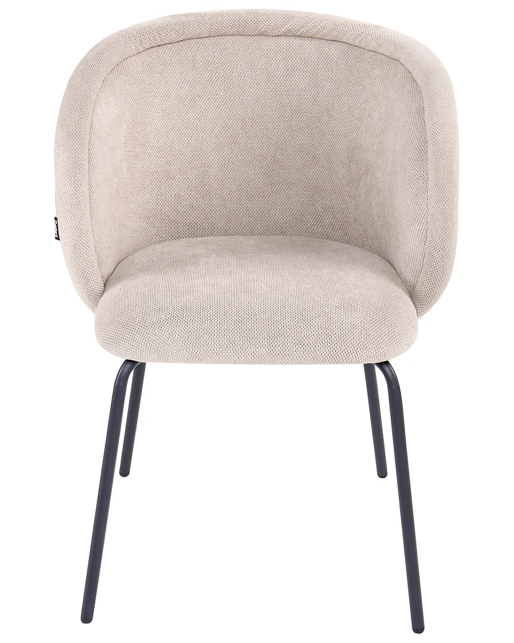 Beige upholstered chair with black metal legs on a white background