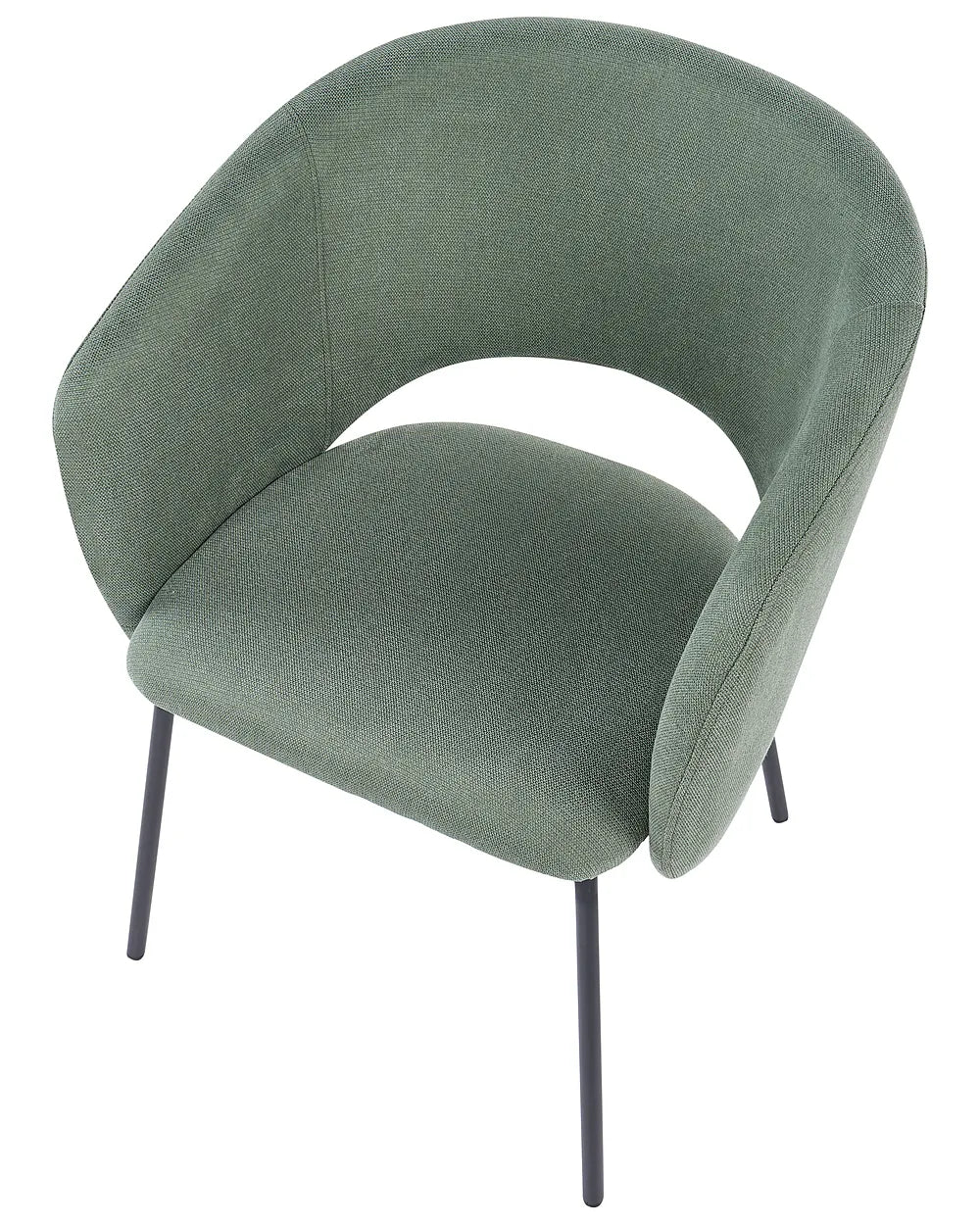 A modern upholstered accent chair in sage green fabric with a curved backrest and seat, supported by slim black metal legs, shown against a plain white background.