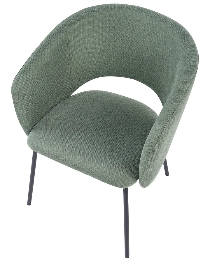 A modern upholstered accent chair in sage green fabric with a curved backrest and seat, supported by slim black metal legs, shown against a plain white background.