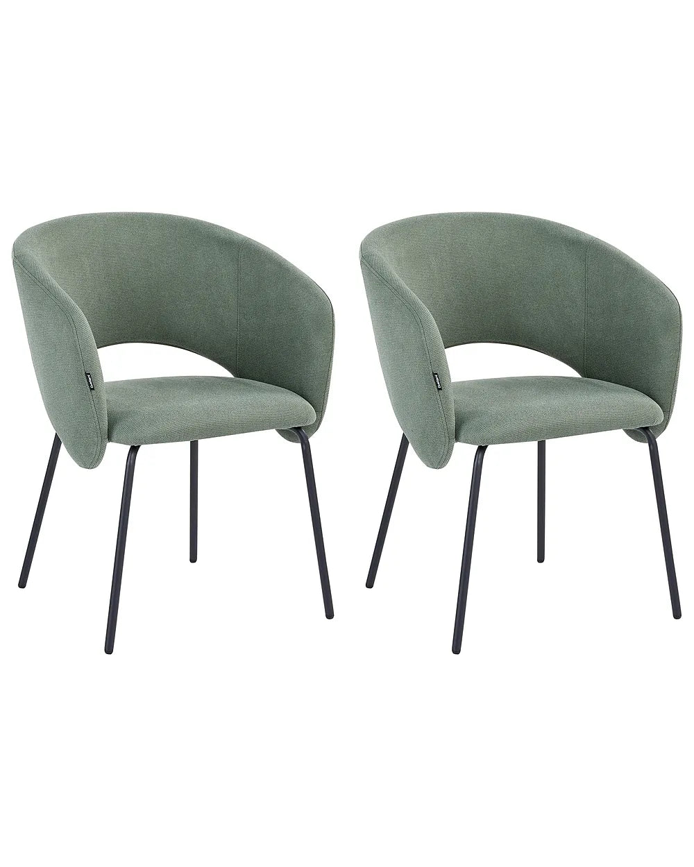 Two matching upholstered dining chairs with curved backs and seats in a muted sage green fabric, supported by slim black metal legs, shown on a plain white background.