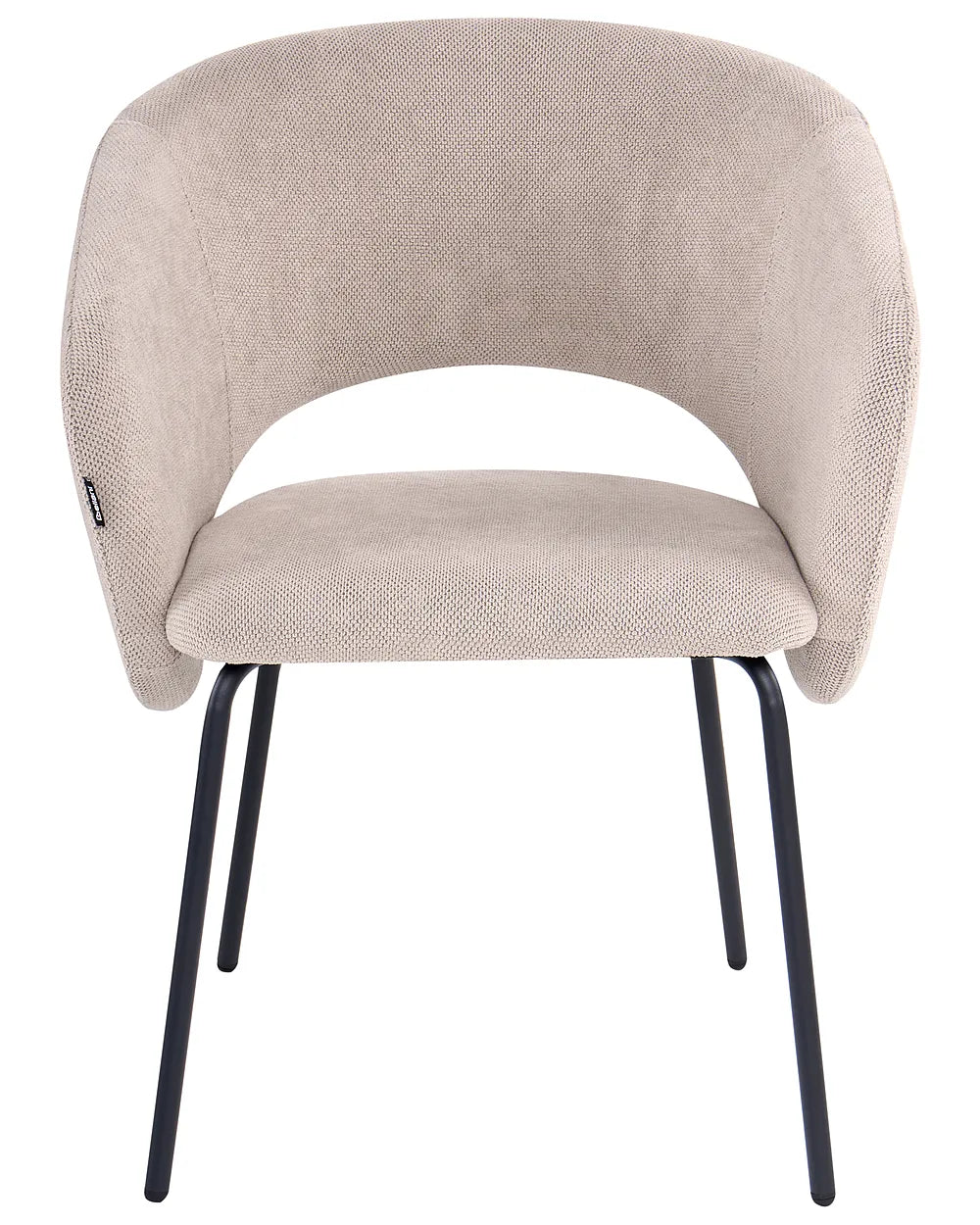 Gray upholstered chair with black legs on a white background