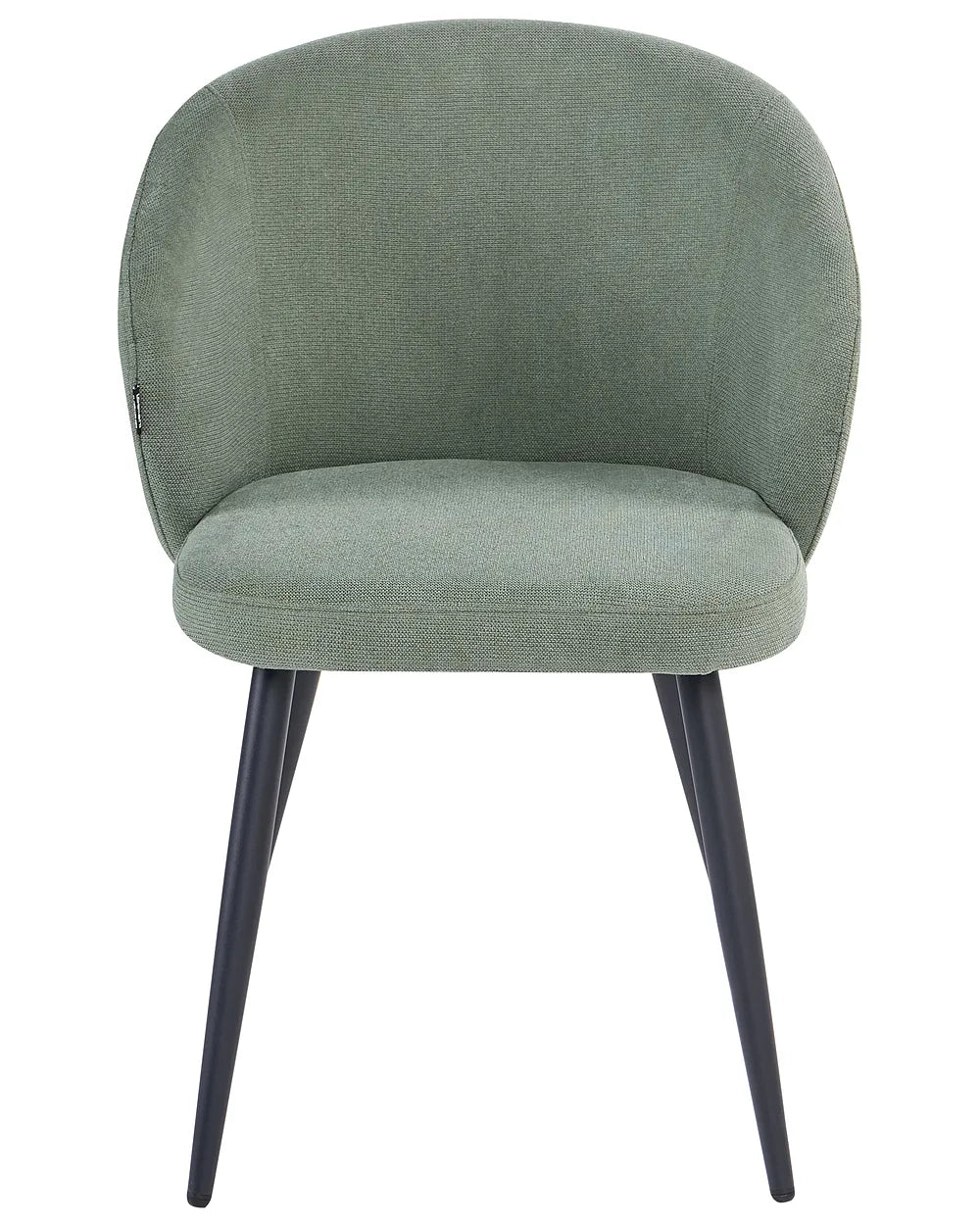 Green upholstered chair with black legs on a white background