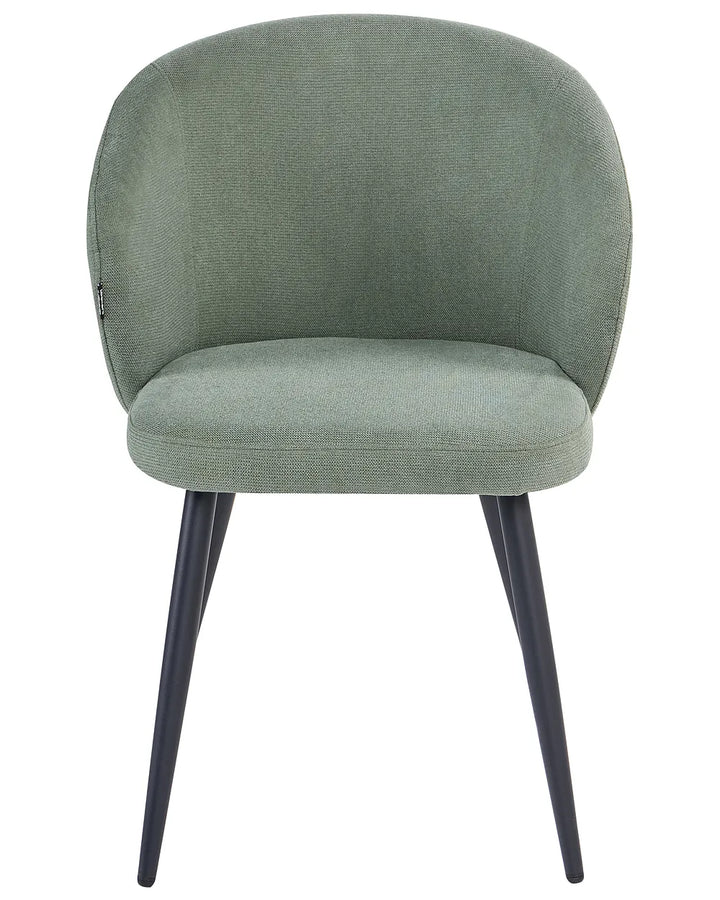 Green upholstered chair with black legs on a white background