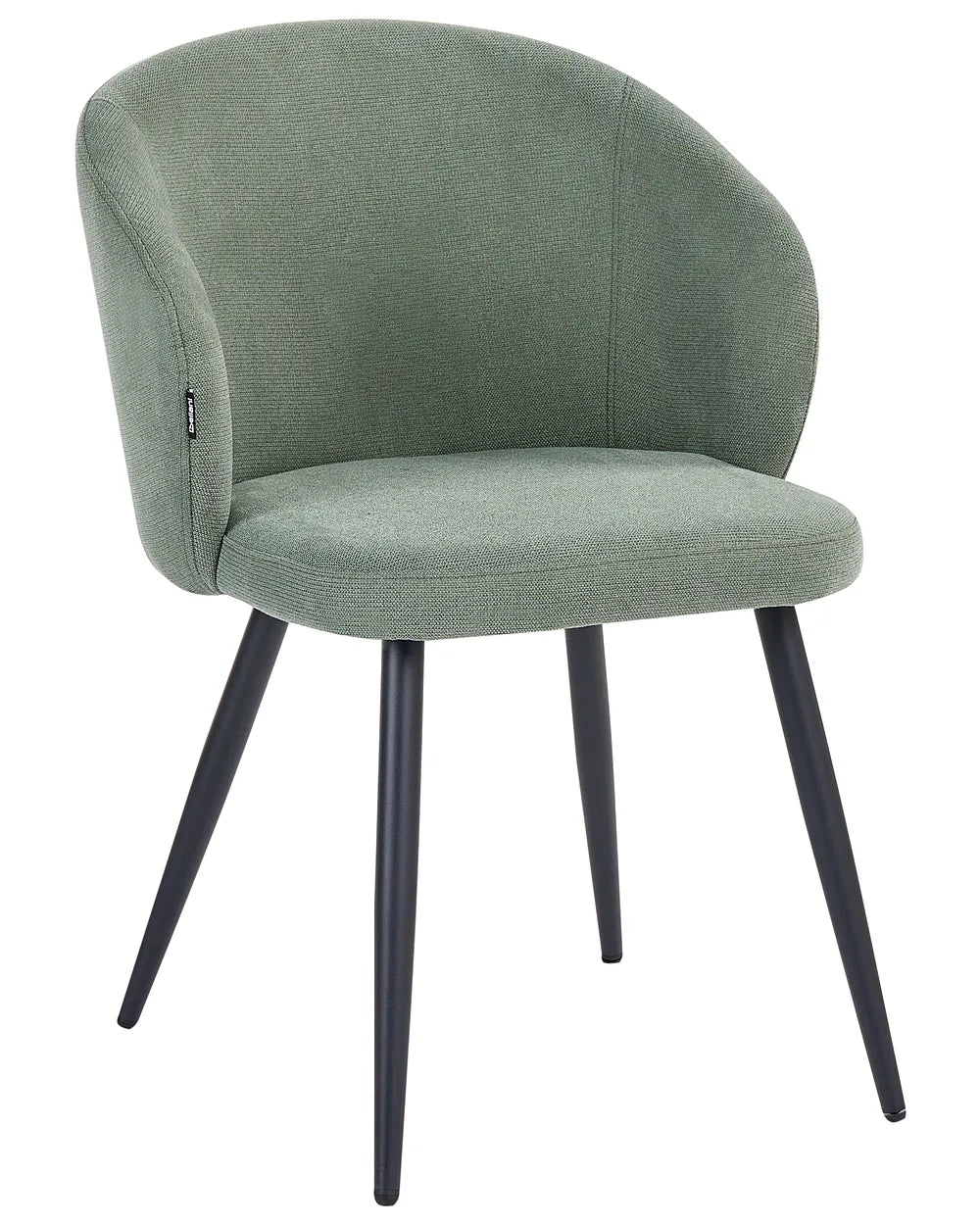 Green upholstered chair with black legs on a white background
