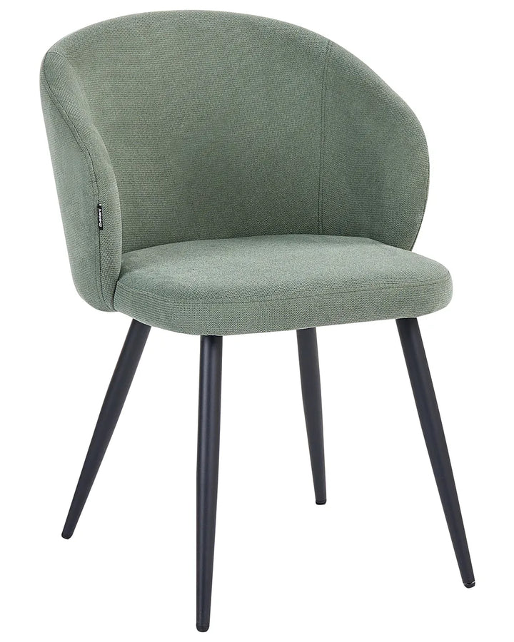 Green upholstered chair with black legs on a white background