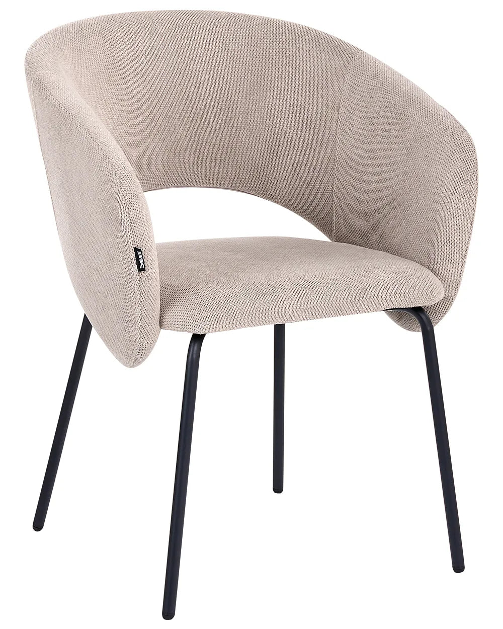 A modern upholstered accent chair with a curved backrest and seat, upholstered in a textured light beige fabric, supported by slim black metal legs, shown on a plain white background.