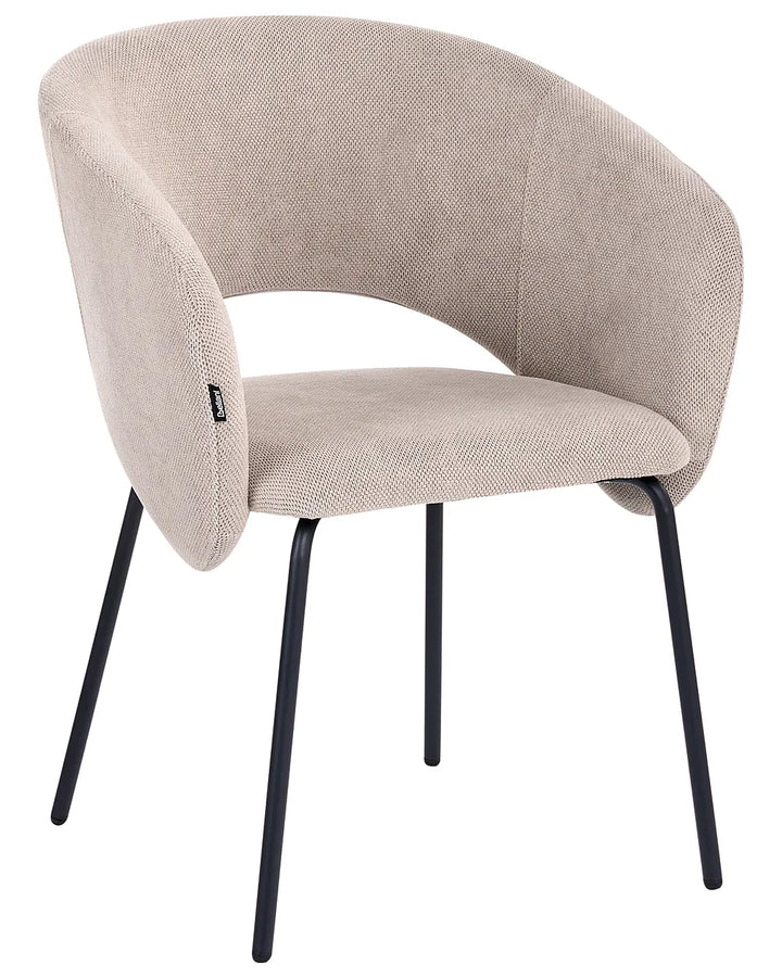 A modern upholstered accent chair with a curved backrest and seat, upholstered in a textured light beige fabric, supported by slim black metal legs, shown on a plain white background.