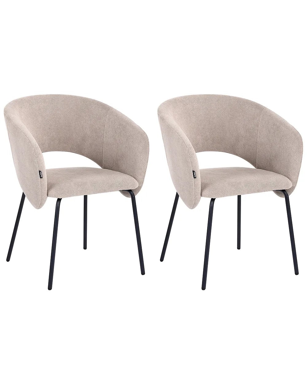 Two matching upholstered dining chairs with curved backs and slim black metal legs, shown side by side on a plain white background.