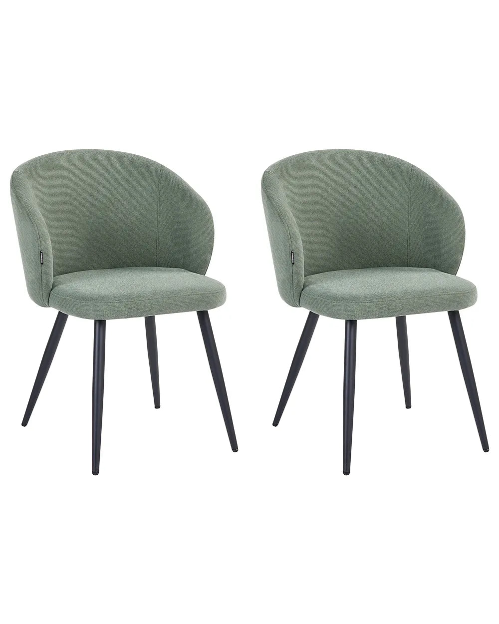Two matching upholstered accent chairs with rounded backs and seats, in a muted sage green fabric, with tapered black metal legs, shown against a plain white background.