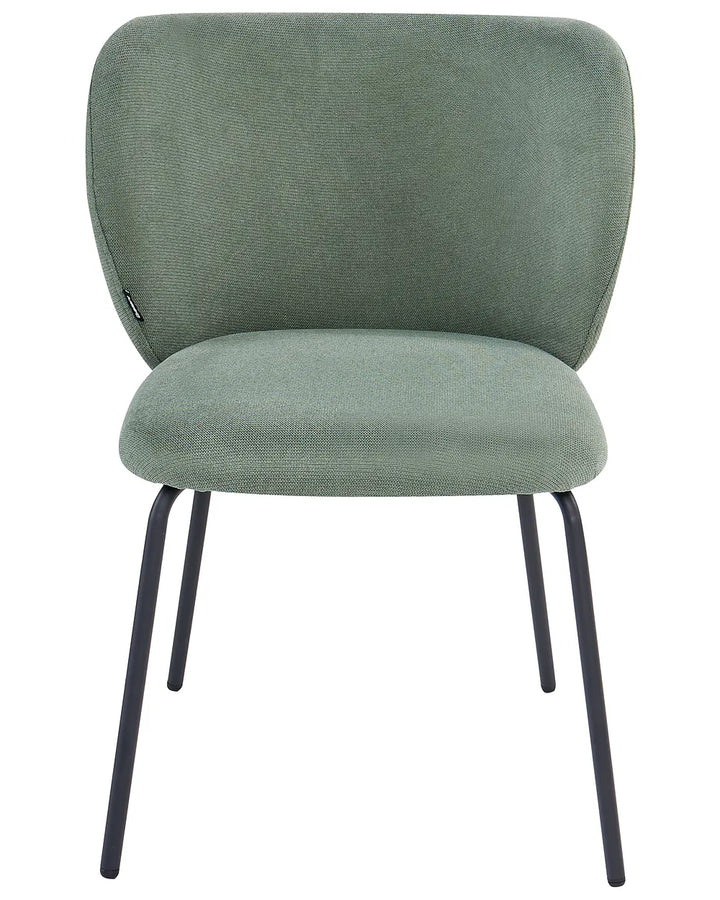 An upholstered dining chair with a rounded backrest and seat cushion in a textured sage green fabric, supported by slim black metal legs, shown against a plain white background.
