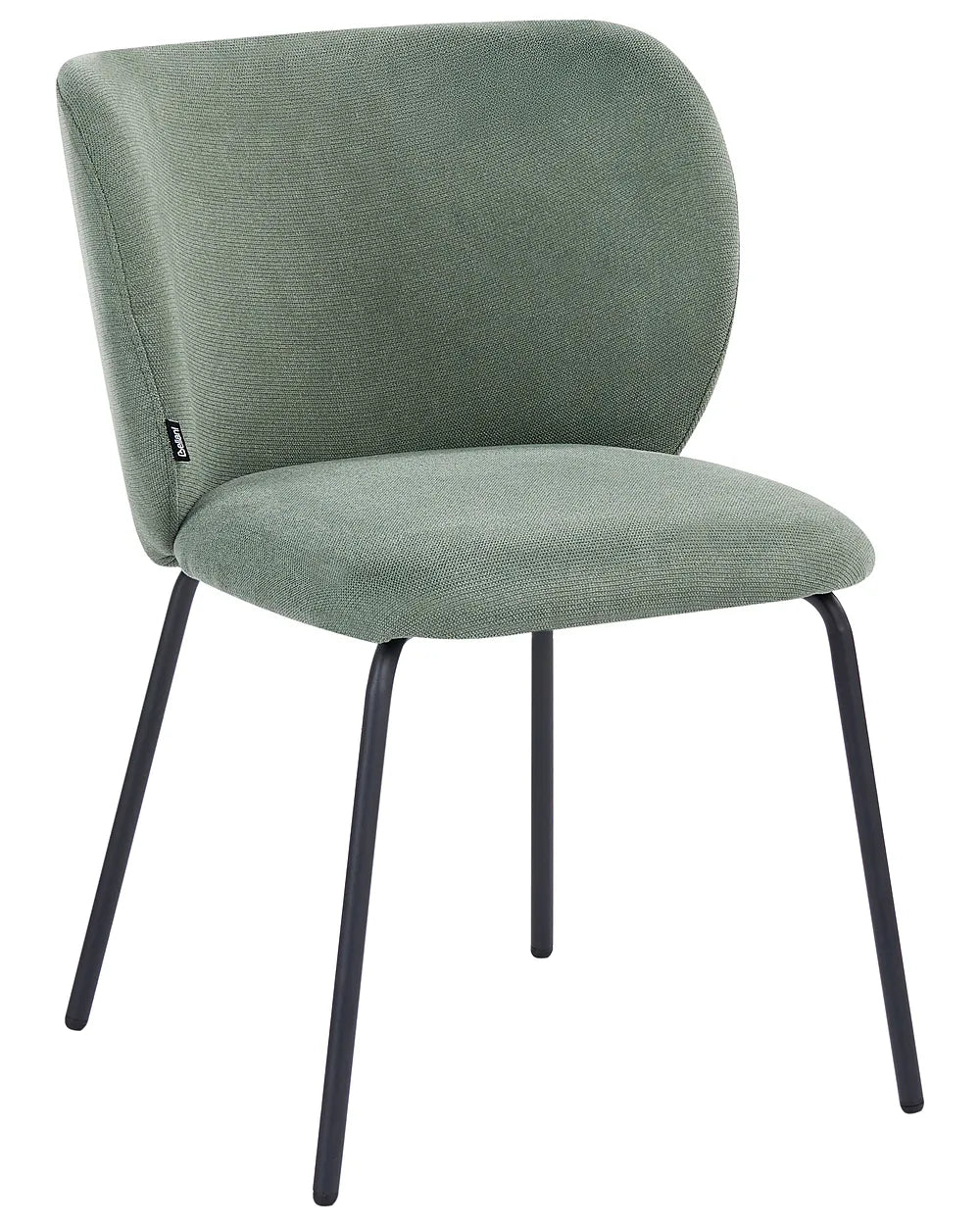 Green upholstered chair with black metal legs on a white background