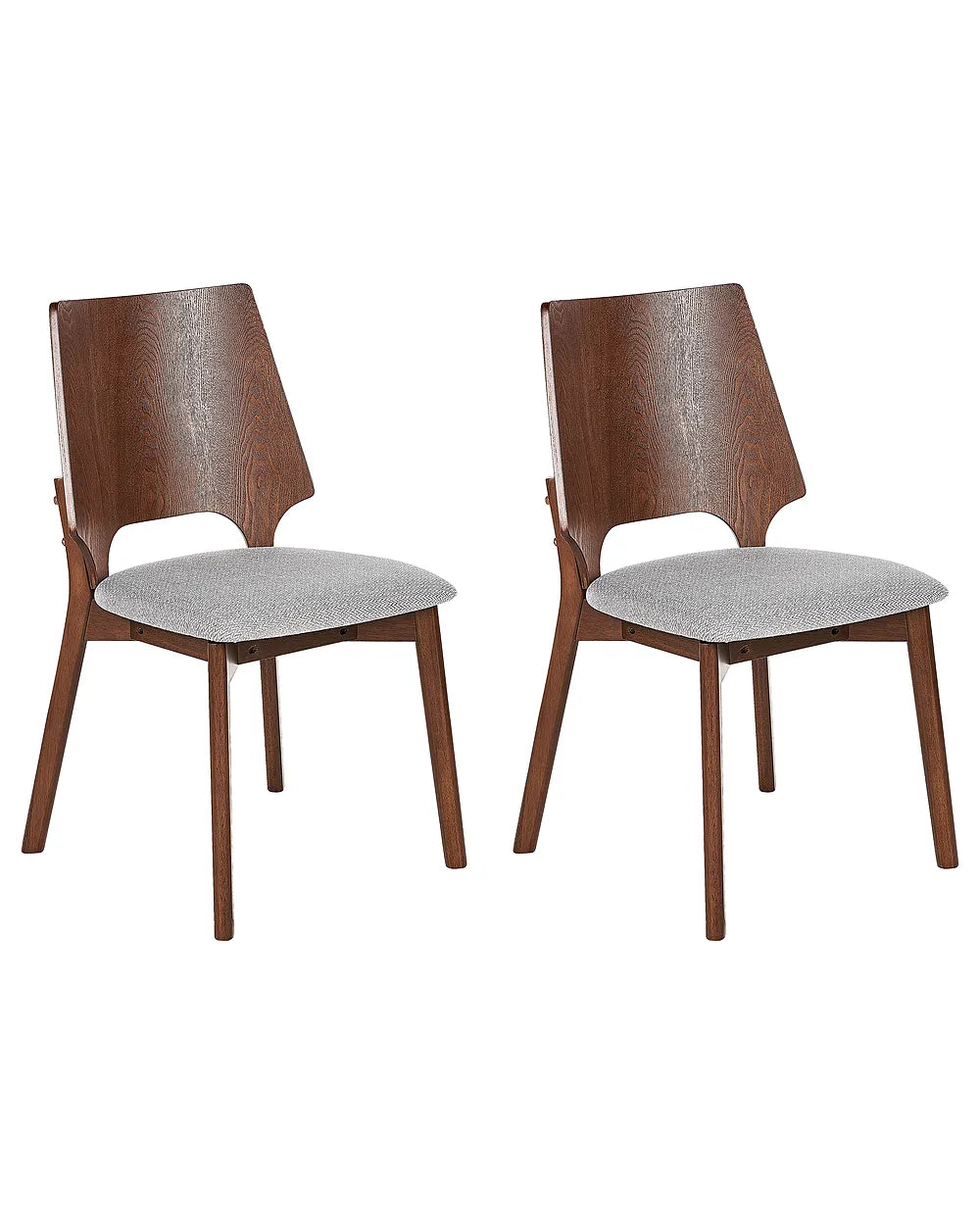 Two mid-century modern dining chairs with brown wood grain frames and light gray upholstered seats, shown side by side on a white background.
