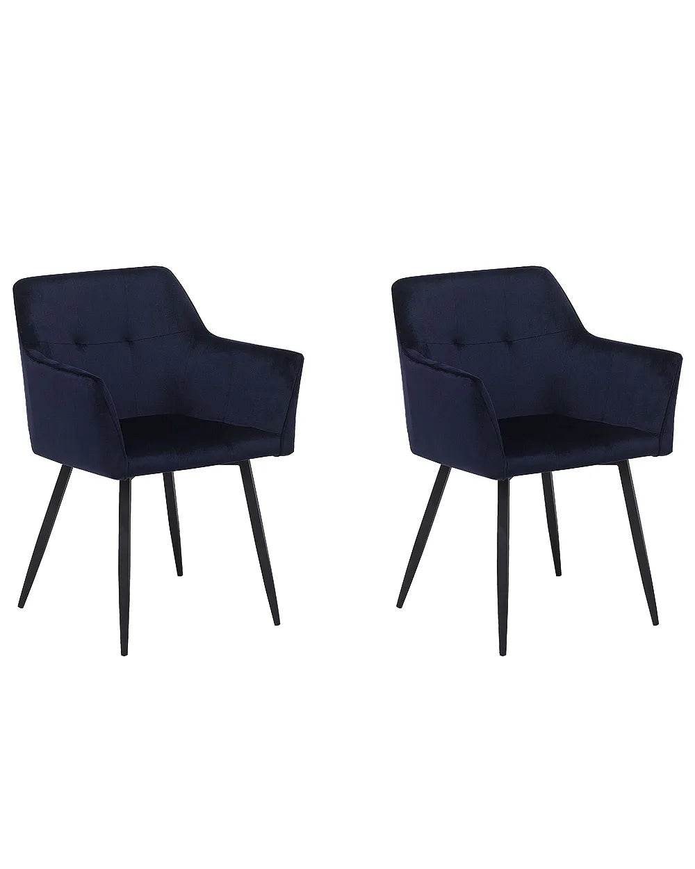 Two matching upholstered dining chairs in dark navy blue velvet with black tapered legs, shown side by side on a plain white background.
