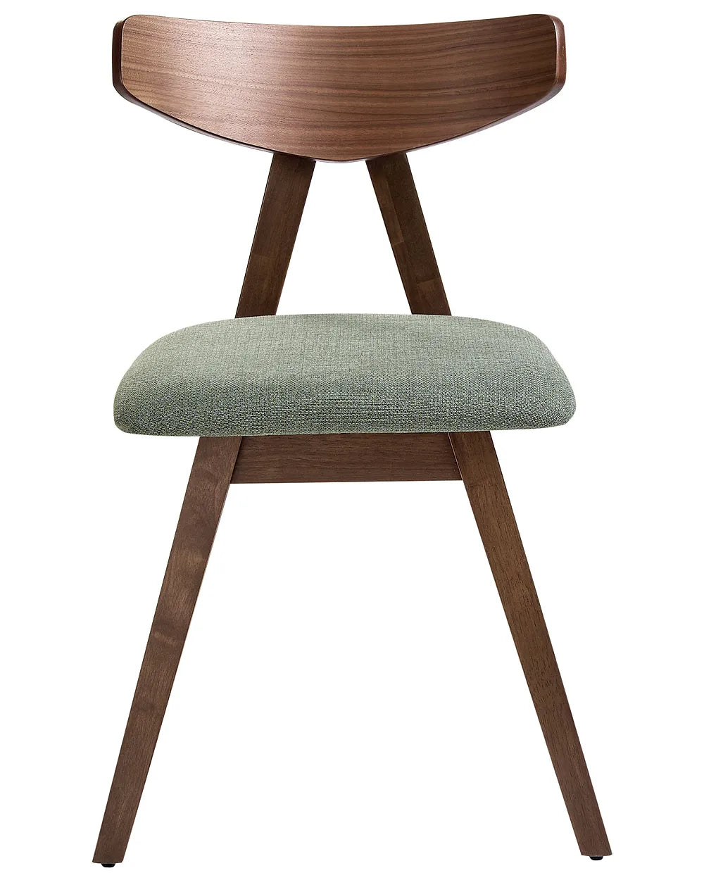A mid-century modern dining chair with a curved wooden backrest and legs, paired with a textured sage green upholstered seat cushion, shown against a plain white background.