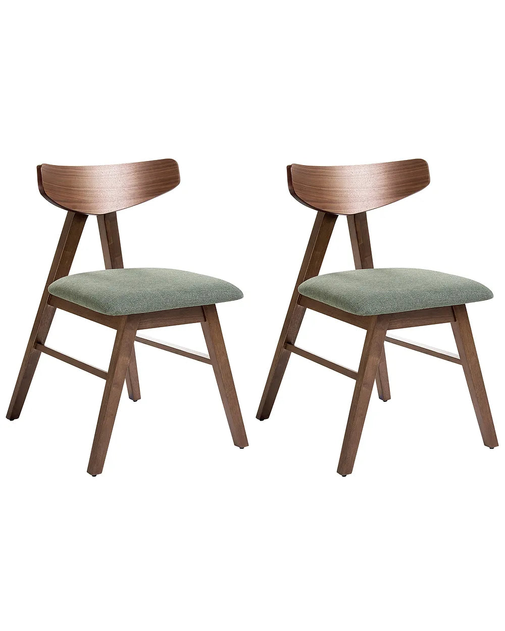 Two wooden chairs with green seats on a white background