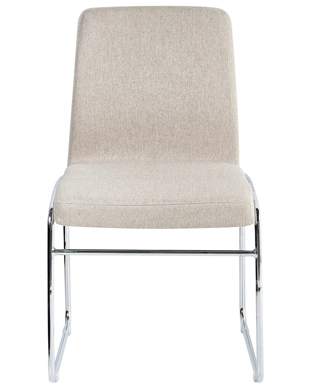 A modern dining chair with a light beige textured fabric upholstered seat and backrest, supported by a slim polished chrome metal frame.