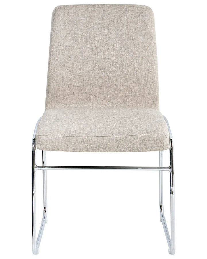 A modern dining chair with a light beige textured fabric upholstered seat and backrest, supported by a slim polished chrome metal frame.