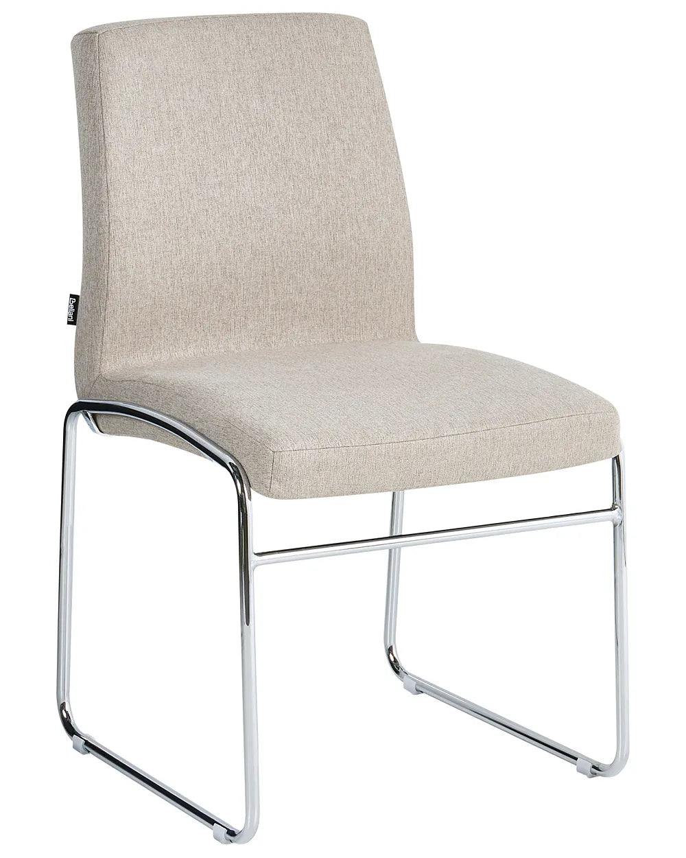 Beige upholstered chair with chrome frame on a white background